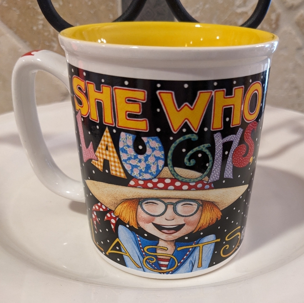 VTG Mary Engelbreit Ceramic Mug Cup polka dot She Who Laughs Lasts" iconic art